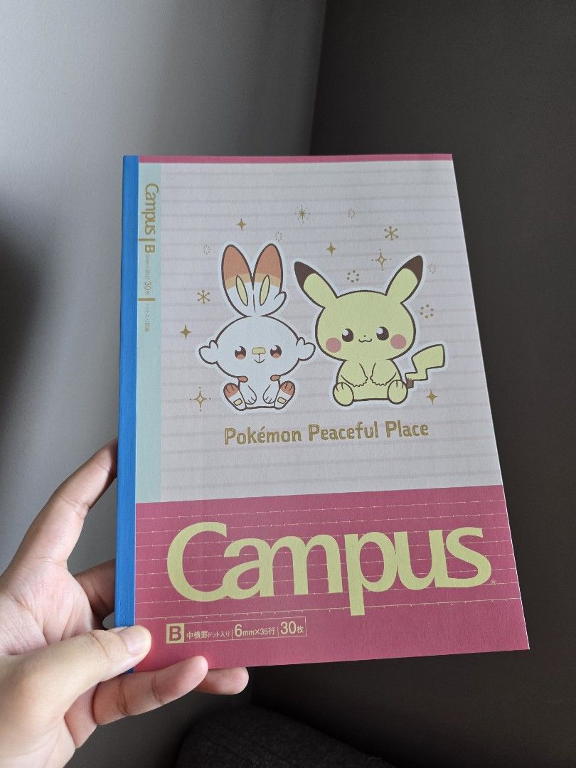 Pokemon Campus Notebook - Pikachu & Scorbunny Game Freak (Category: Stationery & School Supplies) located in Manila. Submitted by mikust0re (Listing ID 1464171600, Image 3). Description: - Cute B5 size notebook featuring Pikachu and Scorbunny. - Cover design: 'Pokemon Peaceful Place' and 'It's fun to be with you'. - Contains 30 sheets. - Ideal for school notes, journaling, or everyday writing. - Bring your favorite Pokemon to your stationery coll