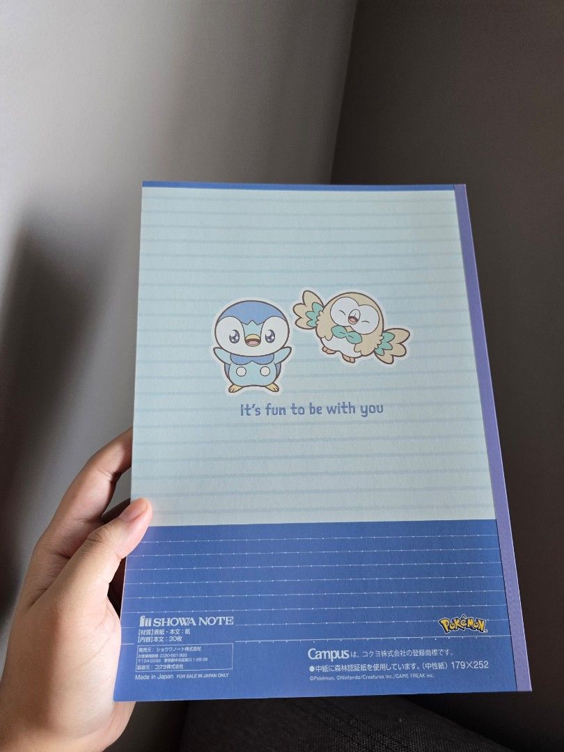 Pokemon Campus Notebook - Piplup & Rowlet (Category: Stationery & School Supplies) located in Manila. Submitted by mikust0re (Listing ID 1464171601, Image 2). Description: - Cute Campus notebook featuring Piplup and Rowlet from Pokemon. - 'Pokemon Peaceful Place' design. - Back message: 'It's fun to be with you'. - Made in Japan. - Ideal for school, journaling, or as a gift for Pokemon fans..