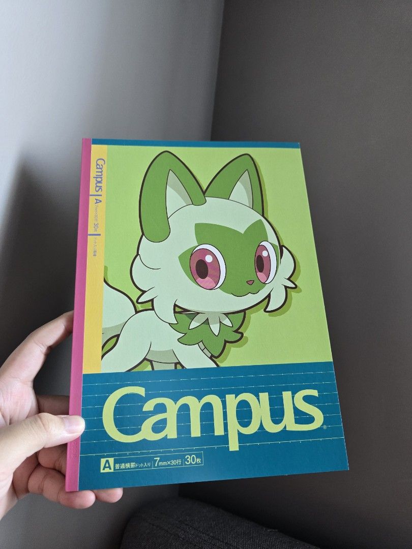 Pokemon Campus Notebook with Sprigatito Design Game Freak (Category: Stationery & School Supplies) located in Manila. Submitted by mikust0re (Listing ID 1464171599, Image 3). Description: - Cute A5 Campus notebook featuring Sprigatito from Pokemon. - Size: A5 - Sheets: 30 - Ideal for school, journaling, or everyday notes. - A perfect gift for any Pokemon enthusiast!.