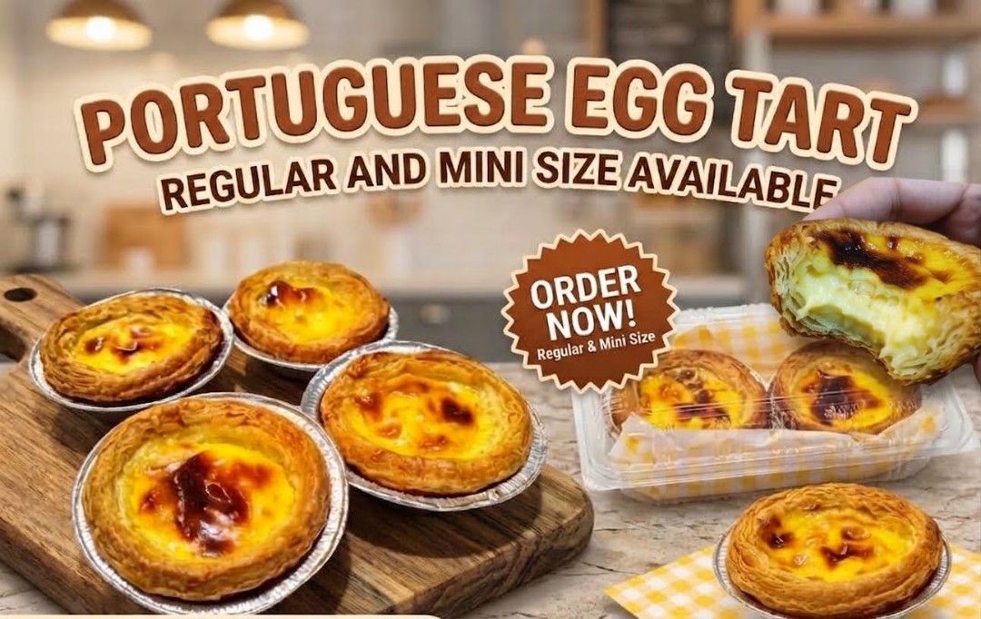 Portuguese Egg Tarts - Regular & Mini Sizes Available (Category: Homemade Bakes) located in Bulacan. Submitted by lynjoaquin07 (Listing ID 1464318472, Image 3). Description: - Freshly baked Portuguese egg tarts - Available in regular and mini sizes - Perfect for snacks or desserts - Prices vary by quantity - Order yours today for a delicious treat!.