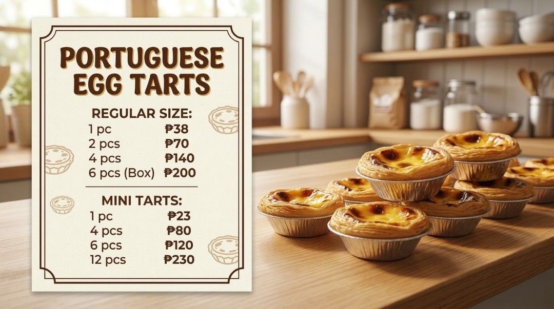 Portuguese Egg Tarts - Regular & Mini Sizes Available (Category: Homemade Bakes) located in Bulacan. Submitted by lynjoaquin07 (Listing ID 1464318472, Image 1). Description: - Freshly baked Portuguese egg tarts - Available in regular and mini sizes - Perfect for snacks or desserts - Prices vary by quantity - Order yours today for a delicious treat!.