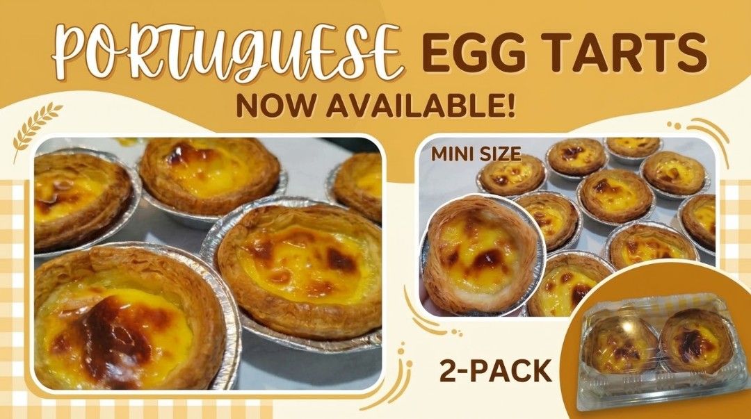 Portuguese Egg Tarts - Regular & Mini Sizes Available (Category: Homemade Bakes) located in Bulacan. Submitted by lynjoaquin07 (Listing ID 1464318472, Image 2). Description: - Freshly baked Portuguese egg tarts - Available in regular and mini sizes - Perfect for snacks or desserts - Prices vary by quantity - Order yours today for a delicious treat!.