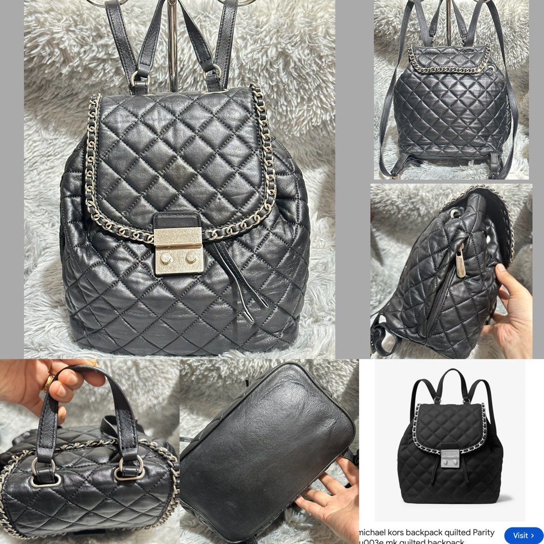 Preloved Mk Black Quilted medium backpack original 💯 (Category: Backpacks) located in Caloocan City. Submitted by rqueenluxuryph (Listing ID 1464138976, Image 1). Description: Preloved mk backpack original Size: medium Condition rate: 8/10 Honest issue: meron syang rubs sa piping ilalim na part Then mga silver hardware may mga scrathes which normal sa Preloved Over all bag is in good condition .