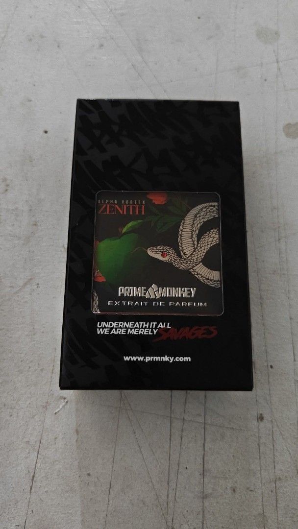 Prime Monkey Zenith Alpha Vortex Extrait de Parfum (Category: Fragrance & Deodorants) located in Manila. Submitted by bittercrawls (Listing ID 1464218639, Image 1). Description: - Product: Prime Monkey Zenith Alpha Vortex Extrait de Parfum - Packaging: Features a distinctive snake and pear design - Website: Explore more at prmnky.com - Scent Profile: Evokes a sense of primal savagery.