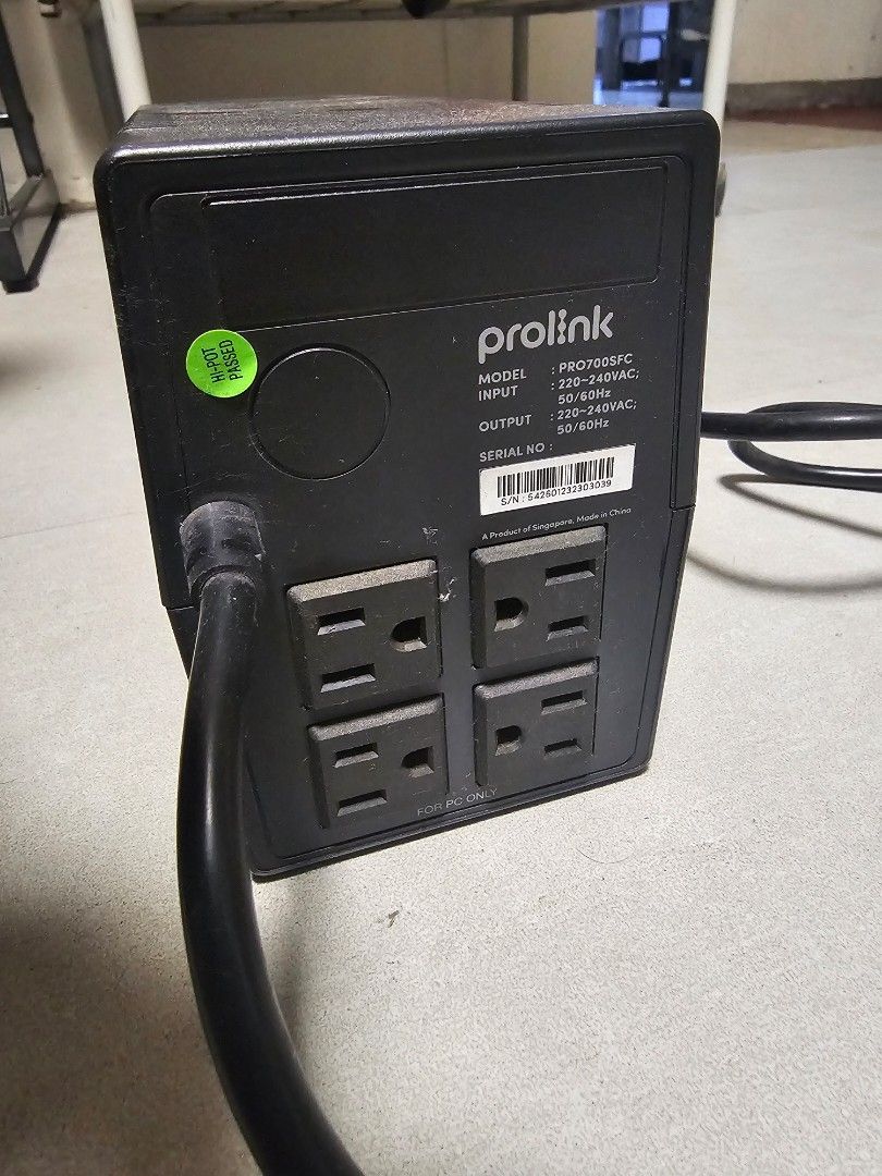 Prolink UPS. Brand new! (Category: Desktops) located in Manila. Submitted by ditrik26 (Listing ID 1464231559, Image 2). Description: Prolink Super Fast Charging UPS Power Supply Backup Time 650VA 390Watts 4socket for Entry Level Computer, Router, Printer, Laptop and Other Appliances Brand new never used battery with receipt.
