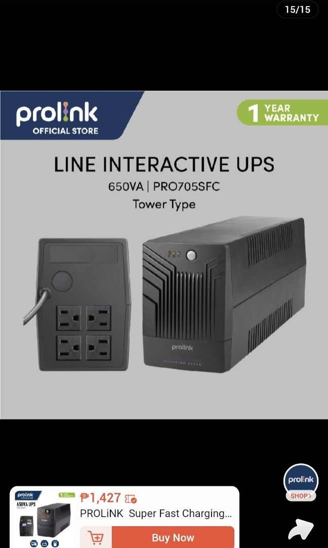 Prolink UPS. Brand new! (Category: Desktops) located in Manila. Submitted by ditrik26 (Listing ID 1464231559, Image 3). Description: Prolink Super Fast Charging UPS Power Supply Backup Time 650VA 390Watts 4socket for Entry Level Computer, Router, Printer, Laptop and Other Appliances Brand new never used battery with receipt.