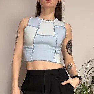 PULL & BEAR blue patchwork ribbed tank top (Category: Sleeveless) located in Davao. Submitted by rewearclub.dvo (Listing ID 1464286230, Image 1). Description: Pull & bear cute crop top W12” x L15” Width can stretch up to W16” Good for teens or petite Xxs-xs.