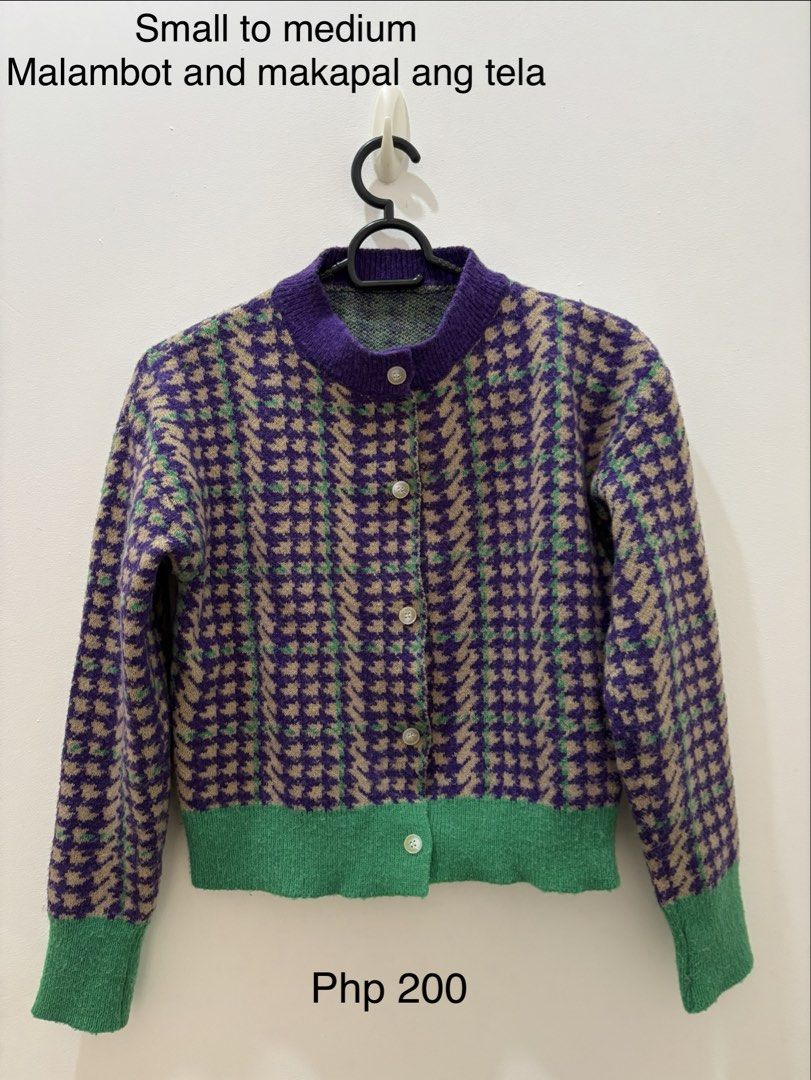 Purple Houndstooth Knit Cardigan (Category: Coats, Jackets and Outerwear) located in Bacoor. Submitted by tummybeautyph (Listing ID 1464203618, Image 1). Description: - Adorable purple and tan houndstooth knit cardigan - Features contrasting green ribbed cuffs and hem - Made from soft and thick fabric for warmth - Easy button-up front with elegant pearl-like buttons - Fits best for sizes Small to Medium - Php 150 nalang!.