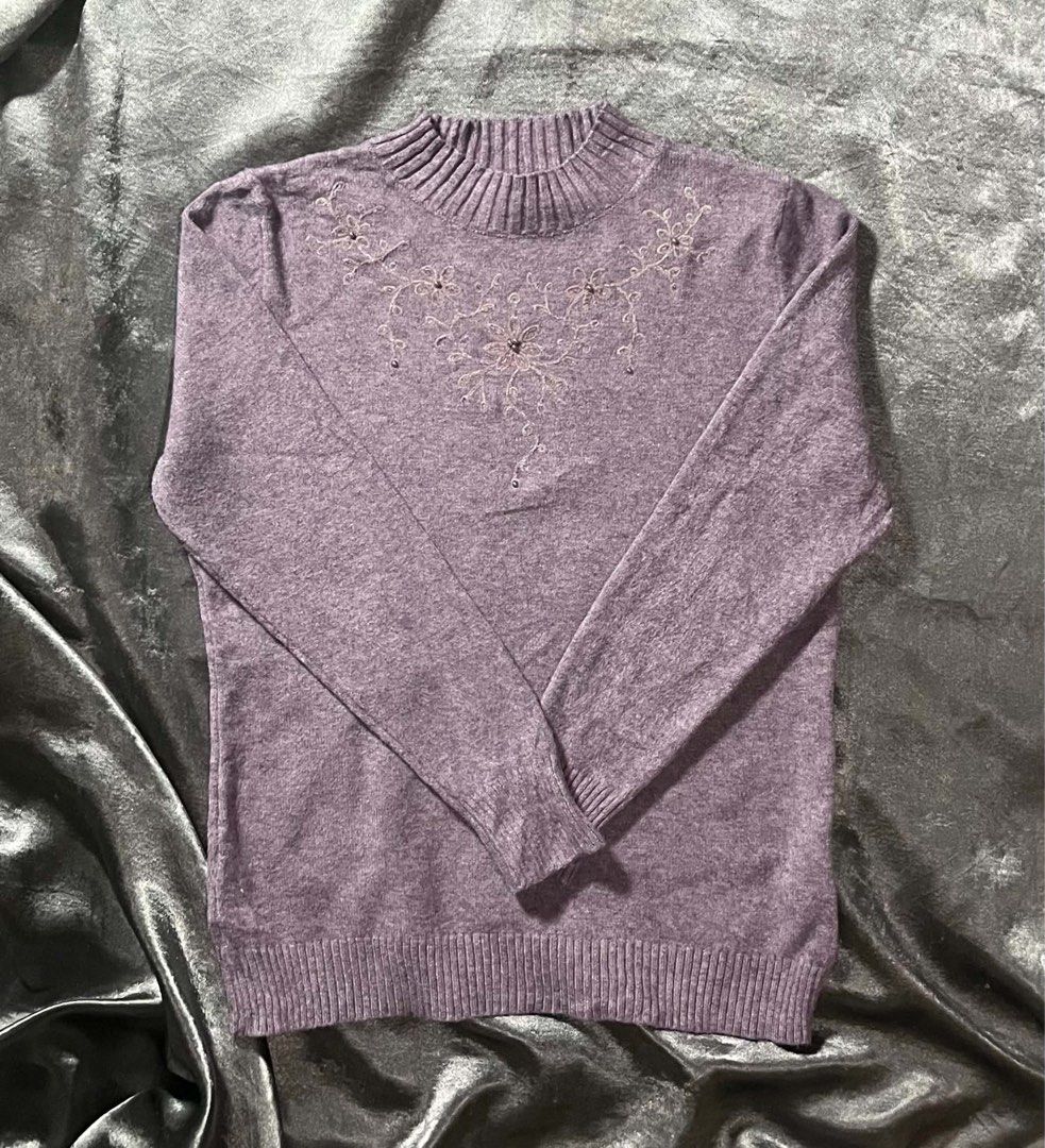 Purple Mock Neck Embroidered Sweater (Category: Coats, Jackets and Outerwear) located in General Trias. Submitted by kevinthriftshop (Listing ID 1464278852, Image 1). Description: - Elegant purple sweater with a stylish mock neck. - Features delicate floral embroidery accented with small beads on the front. - Comfortable ribbed cuffs and hem for a snug fit. - Made from a soft, cozy knit material. - Versatile piece mode of payment: gcash or mariba