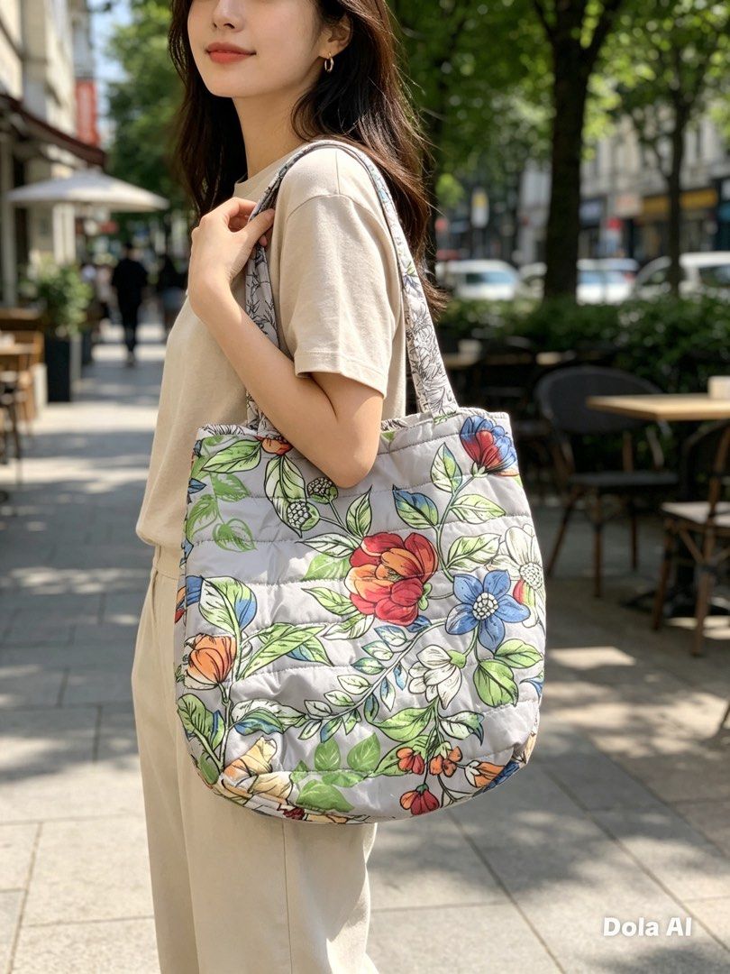 Quilted Floral Tote Bag (Category: Tote Bags) located in Manila. Submitted by reginemarquez412 (Listing ID 1464231835, Image 1). Description: - Stylish grey quilted tote bag - Features a colorful floral print - Black and white floral patterned straps - Ideal size for everyday use - Spacious interior for essentials - Great for shopping or daily errands.
