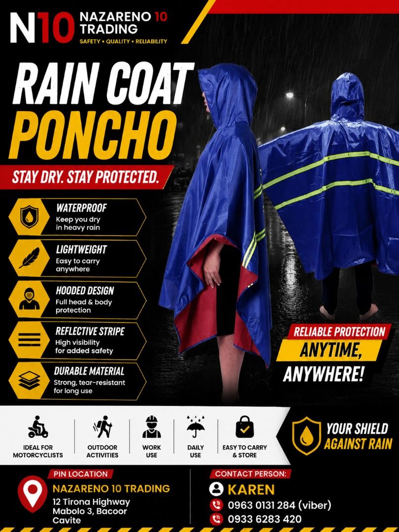 RAIN COAT WITH REFLECTOR (Category: Looking For) located in Bacoor. Submitted by kajezame.2021 (Listing ID 1464149269, Image 1). Description: RAIN COAT WITH REFLECTOR For More Details and Discount Contact Ms. Karen NAZARENO 10 TRADING 0963 0131 284 0933 6283 420 0956 7028 557 0933 8559 510 Landline: Look for Ms. Karen (046 ) 416 3920 Also available: • Traffic cone • Parking Block stopper • Hooded trash bin • Road Plastic Barrier • Spill boom • Fi