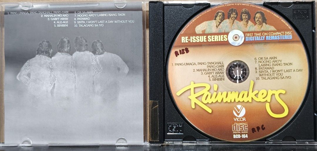 Rainmakers Re-Issue Series Digitally Remastered CD (Category: CDs & DVDs) located in Manila. Submitted by ruelcabrer77078 (Listing ID 1464330496, Image 2). Description: - Rainmakers CD from the Re-Issue Series - Digitally remastered edition - Features 10 tracks - Includes 'Pang-Umaga, Pang-Tanghali, Pang-Gabi' - Includes 'Sinta, I Won't Last a Day Without You' - Released by Vicor Music Corporation - Perfect for OPM fans.