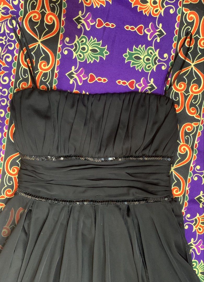 Ray Black Chiffon Dress (Category: Dresses) located in Cebu City. Submitted by goldencloud_f1507d (Listing ID 1464212055, Image 2). Description: This item is a vintage-style black strapless chiffon dress featuring a ruched bodice, a sequined waist band detail, and a flowing handkerchief (hanky) hemline. It strongly channels the whimsical goth, fairycore, and early 2000s (Y2K) aesthetic..