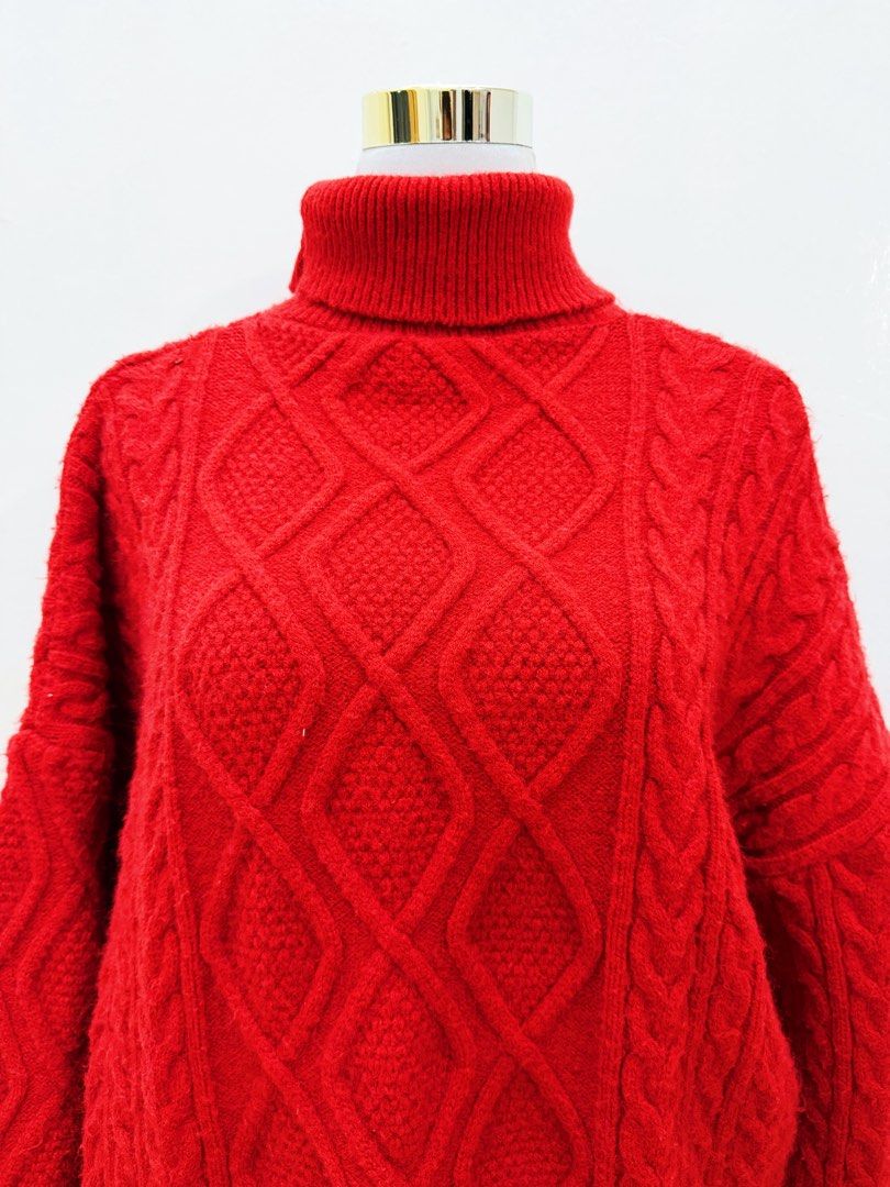 Red Cable Knit Turtleneck Sweater (Category: Longsleeves) located in Manila. Submitted by e.louise (Listing ID 1464333280, Image 3). Description: - Cozy red turtleneck sweater - Classic cable knit pattern with diamond details - Long sleeves - Comfortable fit - Great for layering or wearing on its own - Perfect for cooler weather - Looks warm and stylish.