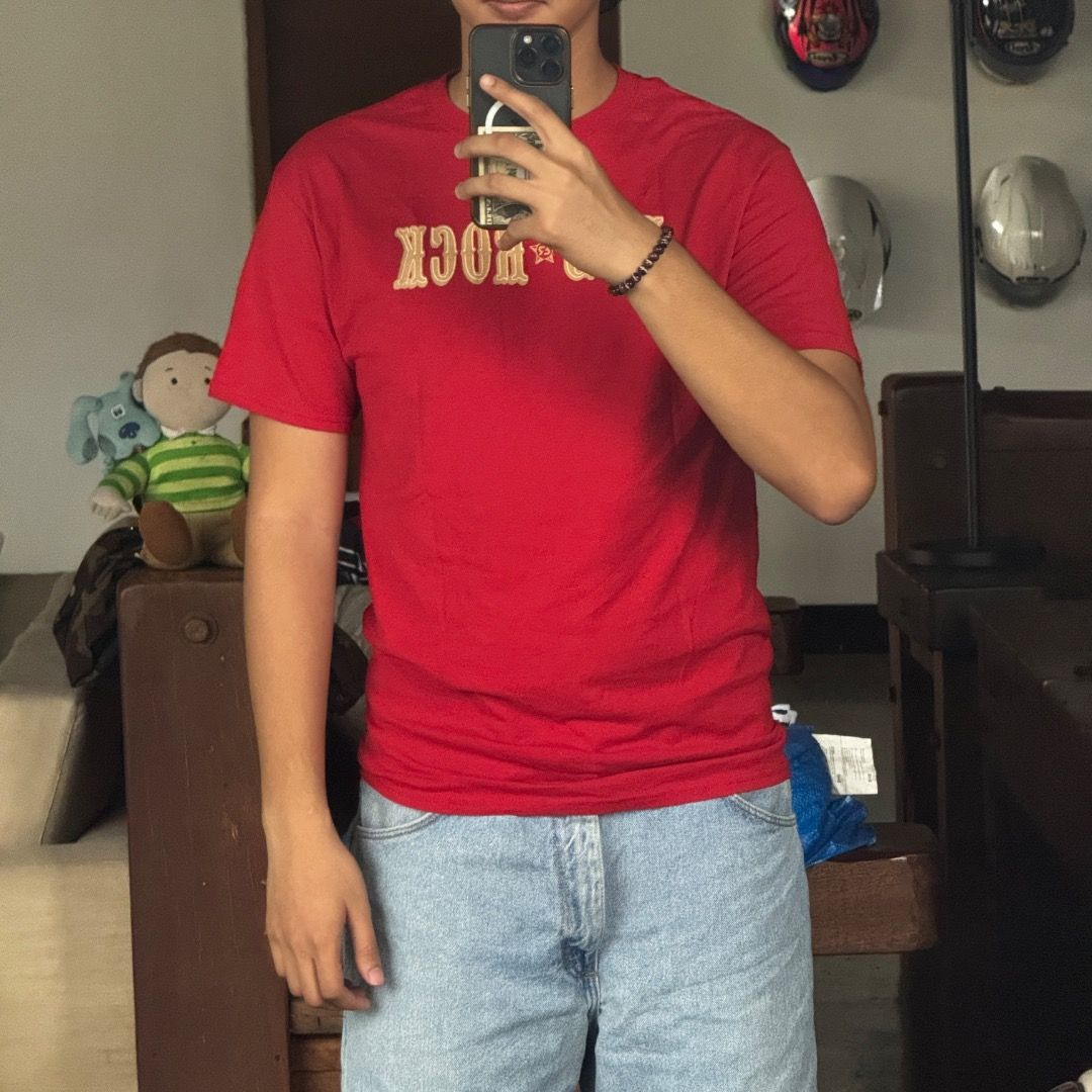 RED ROCK (Category: Tshirts & Polo Shirts ) located in Quezon City. Submitted by theq.thriftshop (Listing ID 1464222966, Image 3). Description: PLEASE READ FIRST! MINE ₱299 + sf (FIXED) Size M (L 28”, W 18”) Issue: Back stain Color may vary due to lighting Model’s height: 5’9 💸 G-Cash payment 📦 J&T Nationwide shipping.
