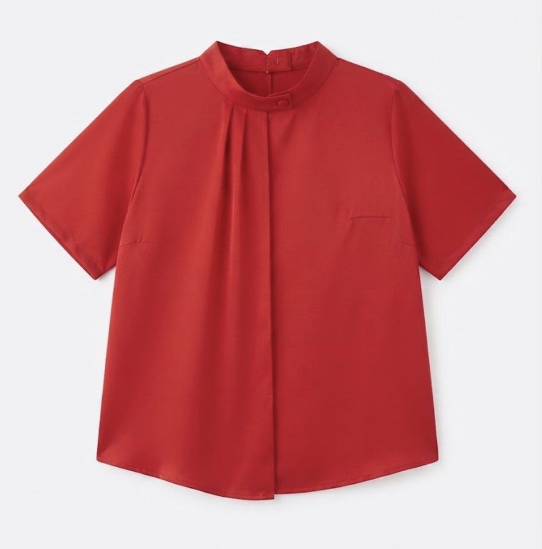 Red Silk Blouse with Mandarin Collar (Category: Blouses) located in Donsol. Submitted by saksthriftavenuebyluckymaria8 (Listing ID 1464281117, Image 1). Description: - Red short-sleeve blouse - Mandarin collar with back button closure - Pleated detail at the front neckline - Lightweight and slightly sheer fabric - Versatile for dressing up or down Red silk top Sz L chest 22in armhole 9.5in shoulder 17in length 24in 92% silk 8% spandex.