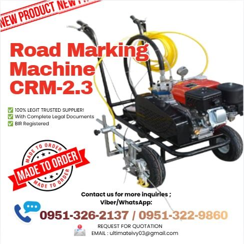 Road Marking Machine CRM-2.3 Single gun (Category: Home Improvement Tools & Accessories) located in Caloocan City. Submitted by lyracrimso54467 (Listing ID 1464183637, Image 1). Description: Gasoline engine: 6.5 horsepower Zongshen Pump: Diaphragm pump Drawing speed: 130 m/min Nozzle Inch: 1708 417 517 Flow: 3.8L/M Marking line width: 8-25cm(adjustable) Marking line thickness: 0.2-0.4mm Qty. of spray gun: 1 hand spray gun Working pressure: 8-16MP