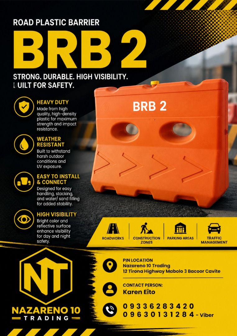 ROAD PLASTIC BARRIER - BRB 2 (Category: Looking For) located in Bacoor. Submitted by kajezame.2021 (Listing ID 1464218183, Image 1). Description: ROAD PLASTIC BARRIER - BRB 2 For More Details and Discount Contact Ms. Karen NAZARENO 10 TRADING 0963 0131 284 0933 6283 420 0956 7028 557 0933 8559 510 Landline: Look for Ms. Karen (046 ) 416 3920 Also available: • Traffic cone • Parking Block stopper • Hooded trash bin • Road Plastic Barrier • Spill b