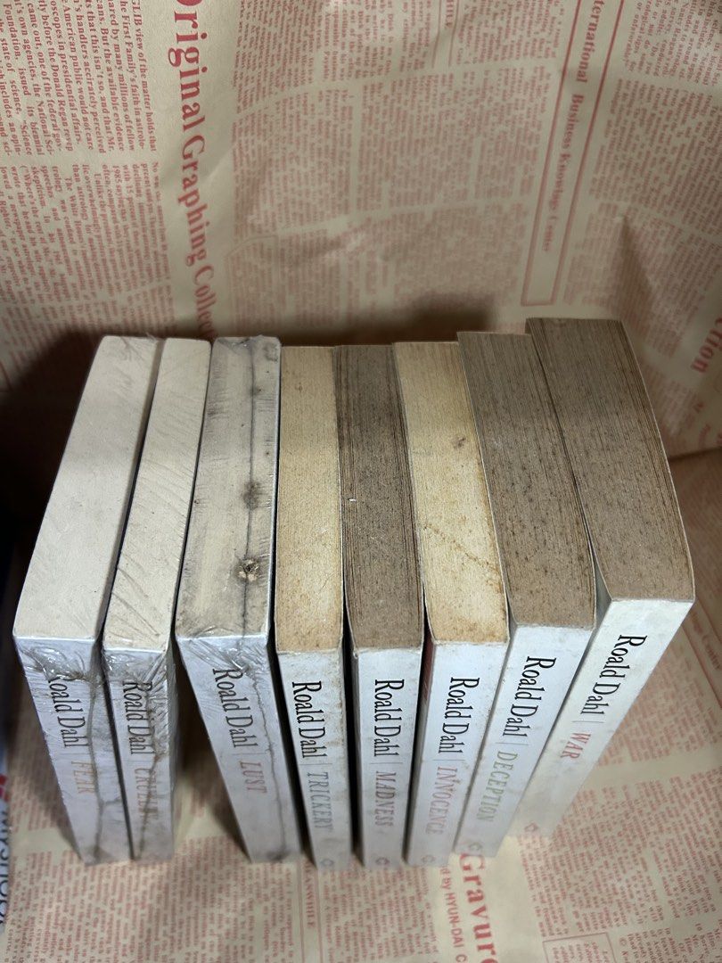 ROALD DAHL book set (Category: Storybooks) located in Bacoor. Submitted by vousnousvoyez (Listing ID 1464241791, Image 2). Description: ROALD DAHL BOOK SET - fear (sealed) - cruelty (sealed) - lust (sealed) - trickery - madness - innocence - deception - war - with tanning and foxing, some are still sealed, signs of aging - authentic, ask for pictures mop: gcash/bank transfer mod: lalamove, jnt loc: bacoor.