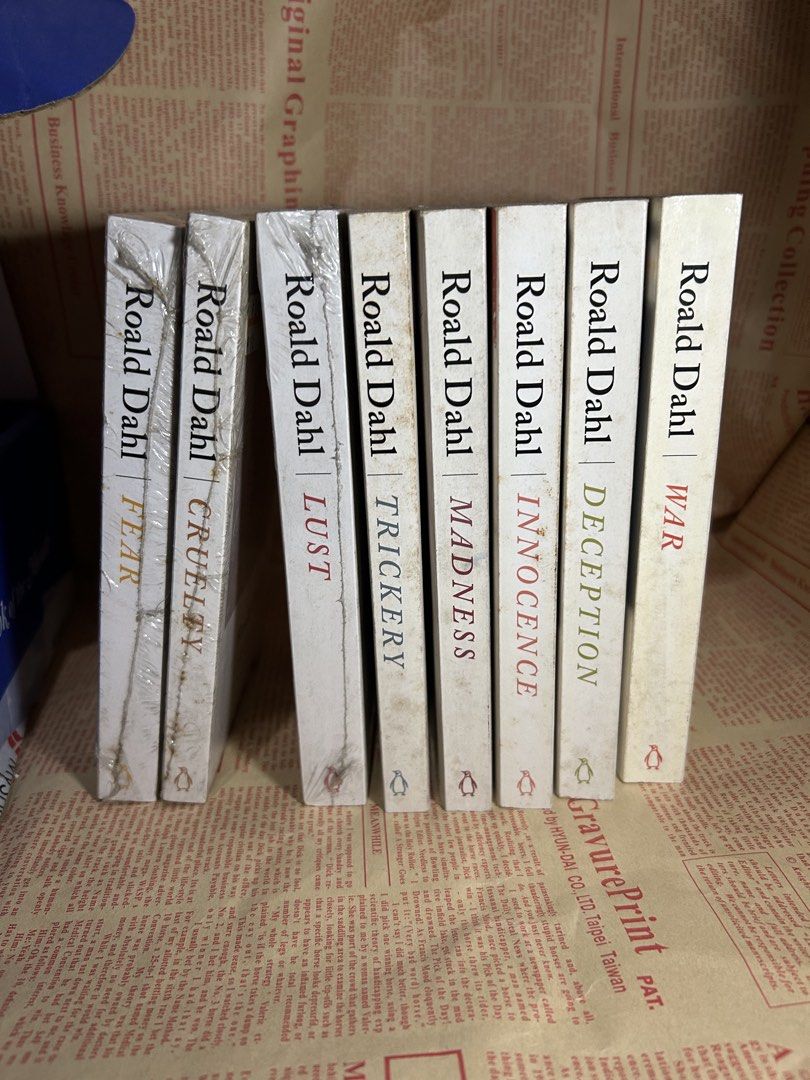 ROALD DAHL book set (Category: Storybooks) located in Bacoor. Submitted by vousnousvoyez (Listing ID 1464241791, Image 1). Description: ROALD DAHL BOOK SET - fear (sealed) - cruelty (sealed) - lust (sealed) - trickery - madness - innocence - deception - war - with tanning and foxing, some are still sealed, signs of aging - authentic, ask for pictures mop: gcash/bank transfer mod: lalamove, jnt loc: bacoor.