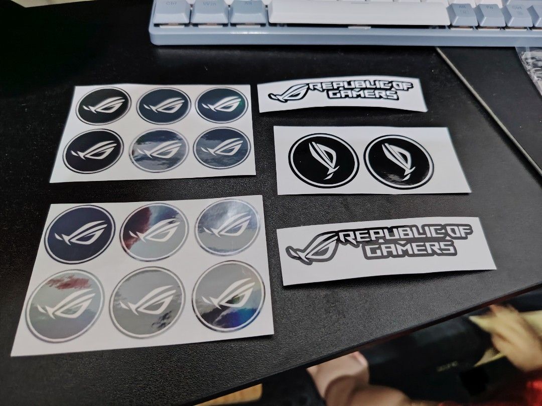 ROG stickers (Category: Cases & Covers) located in Makati City. Submitted by jayclutter0976004 (Listing ID 1464235907, Image 1). Description: 16 RoG stickers.