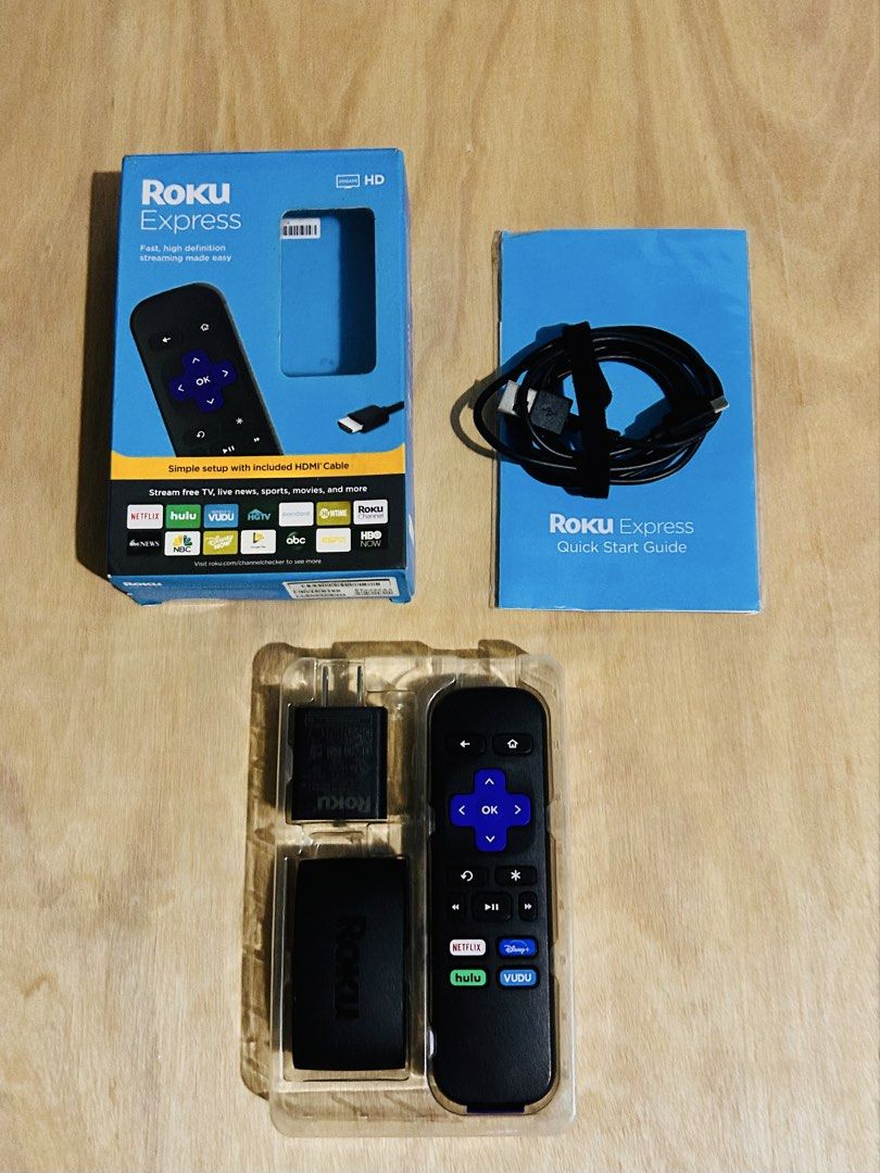 Roku Express HD Streaming Media Player (Category: Media Streamers & Hubs) located in Pasay City. Submitted by inss1 (Listing ID 1464216924, Image 2). Description: - Stream free TV, live news, sports, and movies. - Access popular apps like Netflix, Hulu, and Vudu. - Simple setup with included HDMI cable. - Comes with power adapter and remote. - Enjoy fast, high-definition streaming..