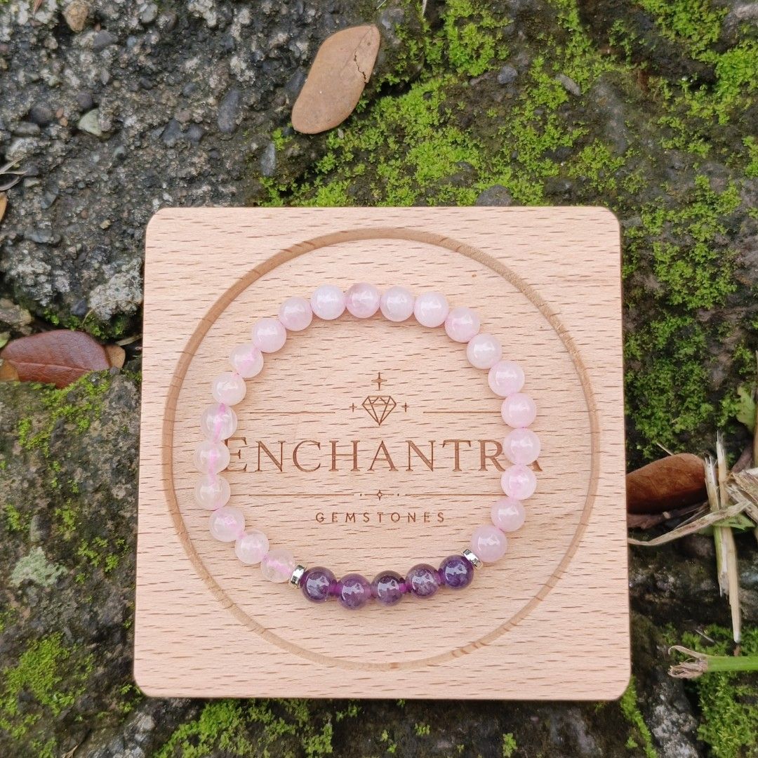 Rose Quartz + Amethyst (Category: Body Jewelry) located in Manila. Submitted by enchantra_gems (Listing ID 1464183022, Image 1). Description: ✨ Rose Quartz + Amethyst Natural Stone Bracelet A beautiful combination of soft pink Rose Quartz and elegant purple Amethyst, handcrafted into a timeless bracelet perfect for everyday wear. 💗 Rose Quartz – known as the stone of love, harmony, and compassion. 💜 Amethyst – associated with calmness, clarity,