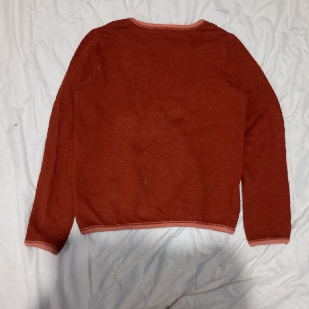 Rust Brown Long Sleeve Cardigan (Category: Coats, Jackets and Outerwear) located in Rizal. Submitted by cosmicwonders (Listing ID 1464277790, Image 2). Description: ₱99 + SF Flaws: All of the buttons are missing except for one. Please manage your expectations as this is thrifted/preloved. Color may vary due to lighting. L: 23.7" | W: 19.5" ★ Payment first ★MOP: GCASH ★ COURRIER: J&T DM for more Qs!.