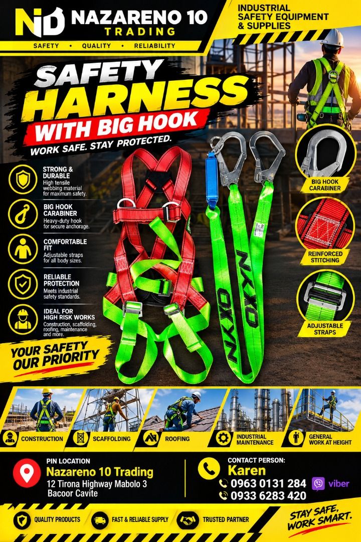 SAFETY HARNESS WITH BIG HOOK WITH SHOCK ABSORBER (Category: Looking For) located in Bacoor. Submitted by kajezame.2021 (Listing ID 1464158533, Image 1). Description: SAFETY HARNESS WITH BIG HOOK WITH SHOCK ABSORBER For More Details and Discount Contact Ms. Karen NAZARENO 10 TRADING 0963 0131 284 0933 6283 420 0956 7028 557 0933 8559 510 Landline: Look for Ms. Karen (046 ) 416 3920 Also available: · Traffic cone · Parking Block stopper · Hooded tr