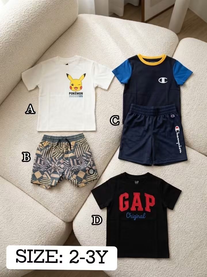 Sale items 150-250 only size 2-3y (Category: Babies & Kids Fashion) located in Calamba. Submitted by kkbrandedapparel.ii (Listing ID 1464285368, Image 1). Description: New x Import Size Available: A. Pokemon 2-3y / 150 only B. Volcom short 2y / 150 only C. Champion set 2y / 250 only D. Gap 2-3y / 250 only Add 75 for sf ( 1-5 items ).