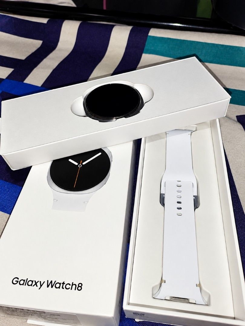 Samsung Galaxy Watch 8 (Category: Wearables & Smart Watches) located in Manila. Submitted by rivvlekidspreloved. (Listing ID 1464290210, Image 3). Description: Samsung Galaxy Watch8 Bluetooth — Still Negotiable Color Silver Display: 1.3" Super AMOLED, 438 × 438 Processor: 3 nm, 5-core Memory/Storage: 2 GB RAM + 32 GB storage Connectivity: Bluetooth 5.3, Wi-Fi, NFC GPS: Dual-frequency L1 + L5 GPS Battery: 325 mAh, up to 40 hours with AOD off Durab