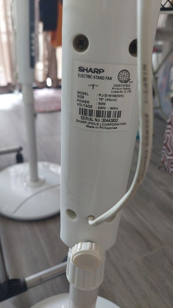 Sharp Electric Stand Fan PJ-S16 (Category: Fans) located in Paranaque City. Submitted by daddyu (Listing ID 1464177518, Image 2). Description: - Set of 2 Sharp Electric Stand Fans - Model: PJ-S16 - Size: 16-inch (40cm) - Color: White with Black Grilles - Features: 3 Speed Settings, Oscillation Function - Power Consumption: 50W - Perfect for keeping your room cool IK each Fan Issue: Minsan mag stop ang ikot pro bumabalik nman. Saglit lang nagamit 
