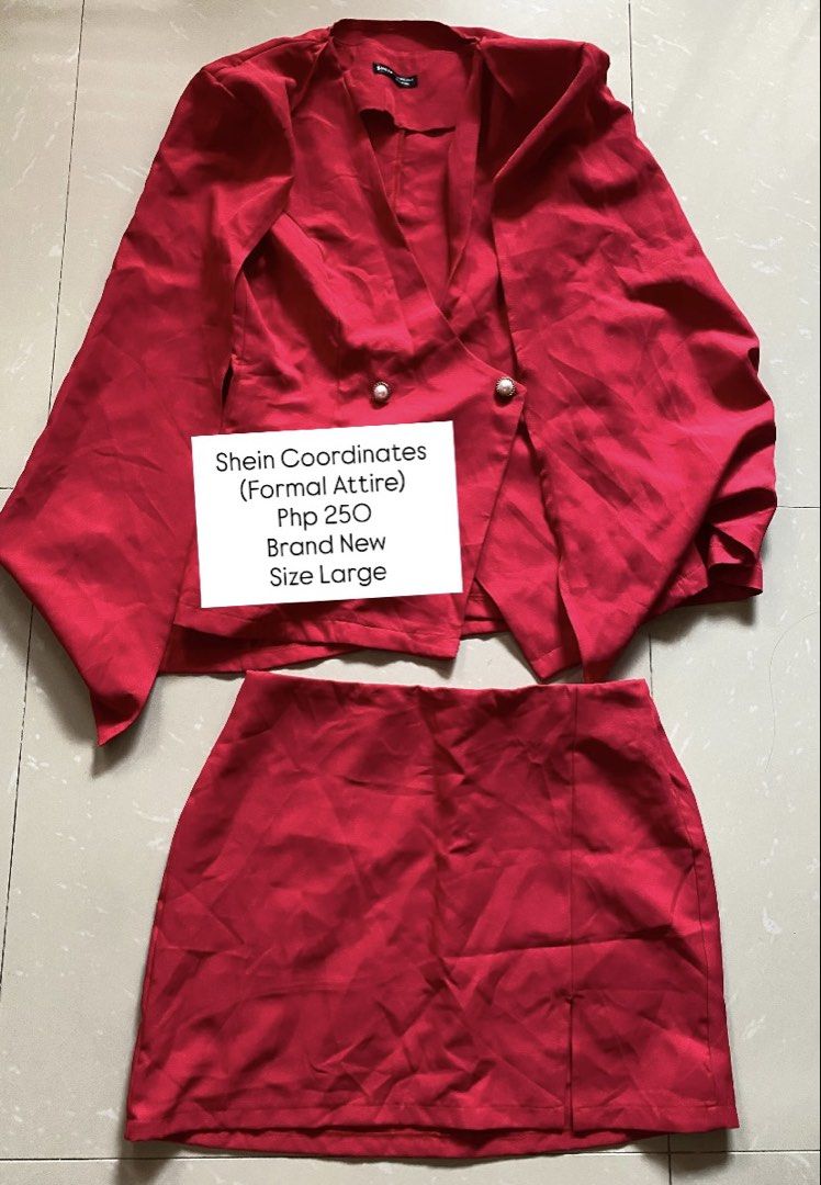 Shein Red Coordinates Set - Formal Attire - Size Large (Category: Sets or Coordinates) located in Imus. Submitted by theninetiesboxph (Listing ID 1464260776, Image 1). Description: - Red coordinates set from Shein - Includes blazer and skirt - Perfect for formal occasions - Size: Large - Price: Php 250 - Ideal for your next event!.