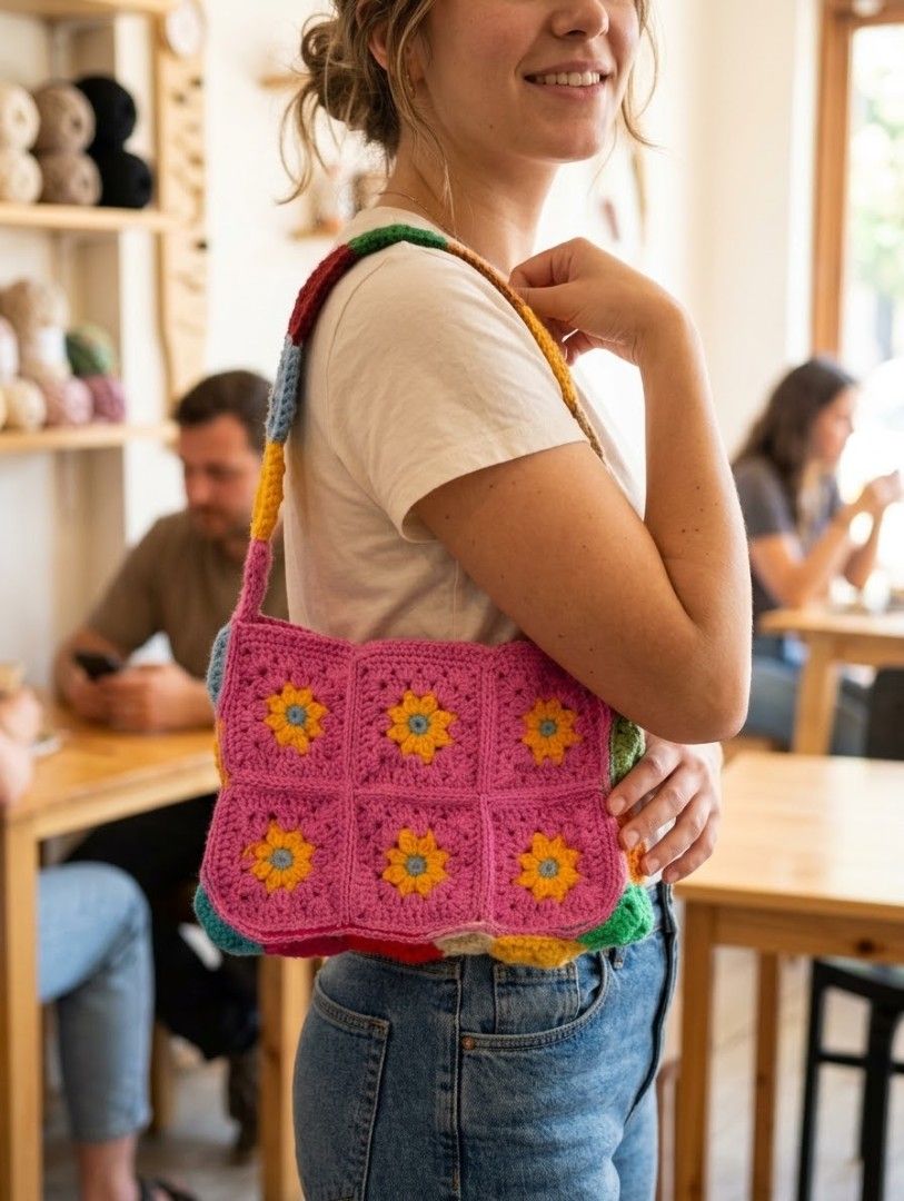 Shoulder Bag (Category: Shoulder Bags) located in San Mateo. Submitted by feltshop (Listing ID 1464201837, Image 1). Description: - Super cute handmade crochet shoulder bag - Vibrant pink front with yellow and blue flower granny squares - Colorful rainbow stripe strap - Perfect for adding a pop of color to any outfit - Great for everyday use or as a fun accessory.