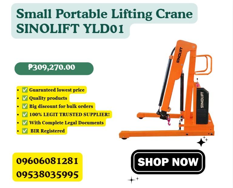 Small Portable Lifting Crane SINOLIFT YLD01 (Category: Everything Else Others) located in Caloocan City. Submitted by 09513227950 (Listing ID 1464150968, Image 1). Description: ●Self weight:466KG ●Counter weight:200-1000KG ●Max. lifting height:3500mm ●Maximum arm length:3100mm ●Minimum arm length:1440mm ●Battery parameters:12V/120AH*1 ●Lifting motor:1.6kw ●Drive motor power:0.75kw ●Walking speed:5km/h ●Vehicle size (L *W * H):1000*900*2000m ●Fron
