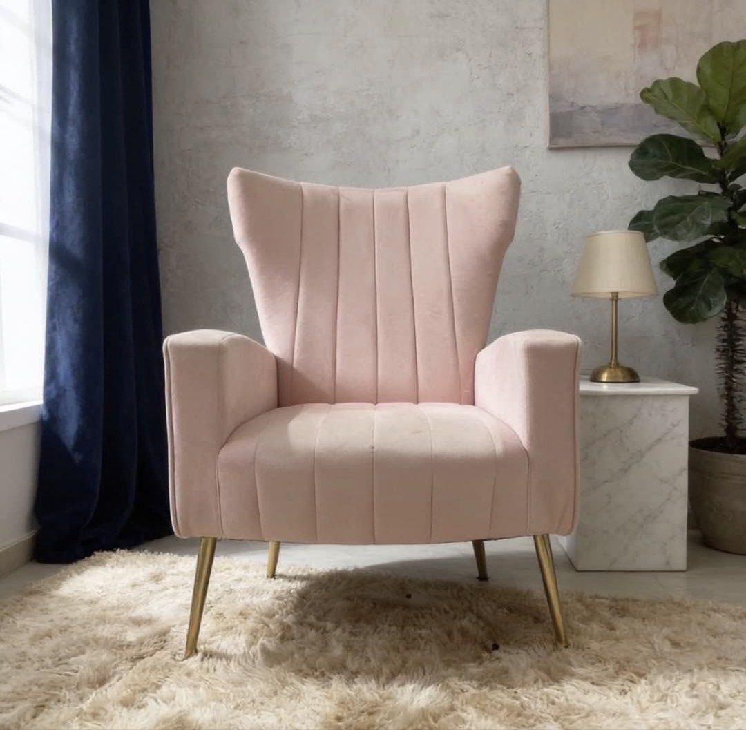 Sofa (Category: Sofas) located in Singapore. Submitted by shanns (Listing ID 1464237421, Image 3). Description: Further Mark Down Price!!!!🎉🎉🎉 Upgrade your space with this beautiful backrest soft pink single armchair! Crafted with luxurious pink velvet and a sleek gold metal frame, this modern minimalist design adds a personal touch of elegance to any home.🏡 ✨Ideal for any living space – Perfect for a stylish and cozy setting! Price negotiabl