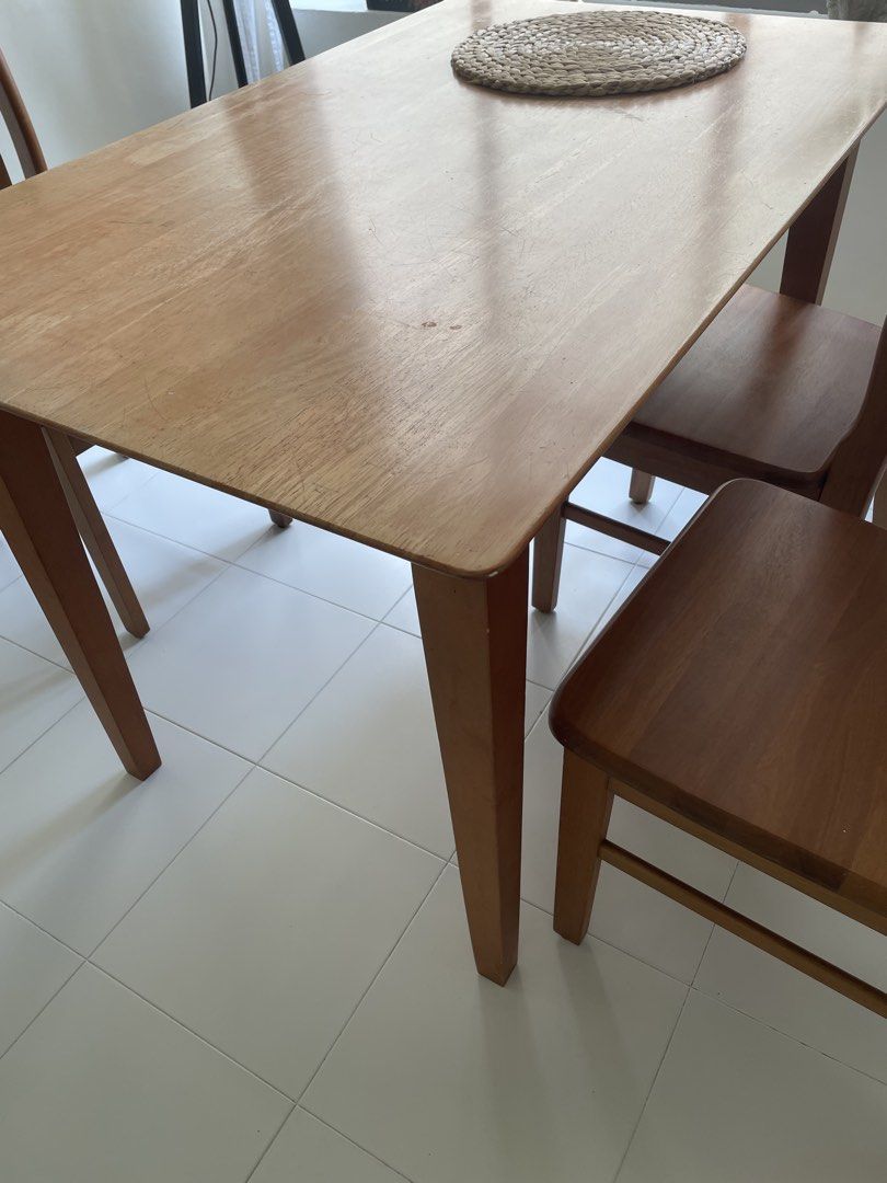 Solid Wood Dining Table (Category: Tables & Sets) located in Singapore. Submitted by shana111 (Listing ID 1464180003, Image 2). Description: - made of solid wood - Simple, sturdy design - surface has scratches - Ready for immediate pickup.