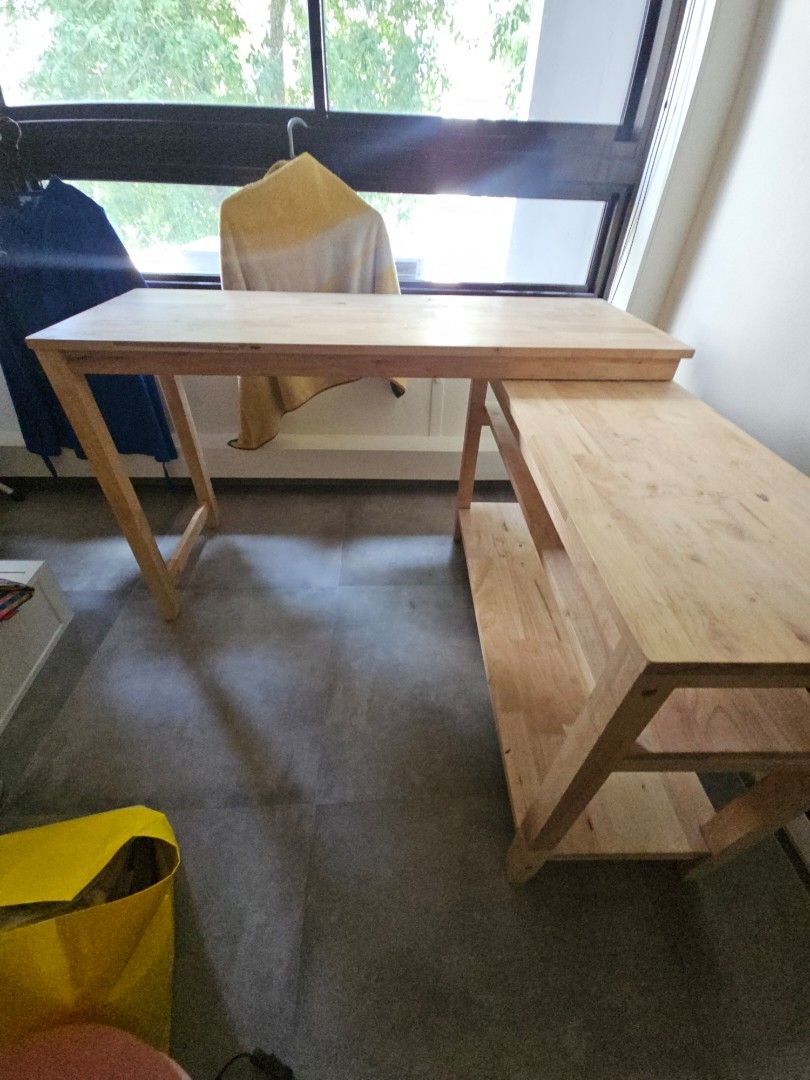 Solid Wood table (Category: Tables & Sets) located in Singapore. Submitted by monstermosh (Listing ID 1464198272, Image 3). Description: Size: L1200/1920 x D/W450 x H735 mm Weight: 29 kg Wood Color: Raw Natural Material: Solid Hevea wood (also known as rubberwood) with natural woodknot Configurable as an L-shape or straight layout to suit your space. Folds into a compact console table when not in use. Letting go for $80. Negotiable Arrange own tr