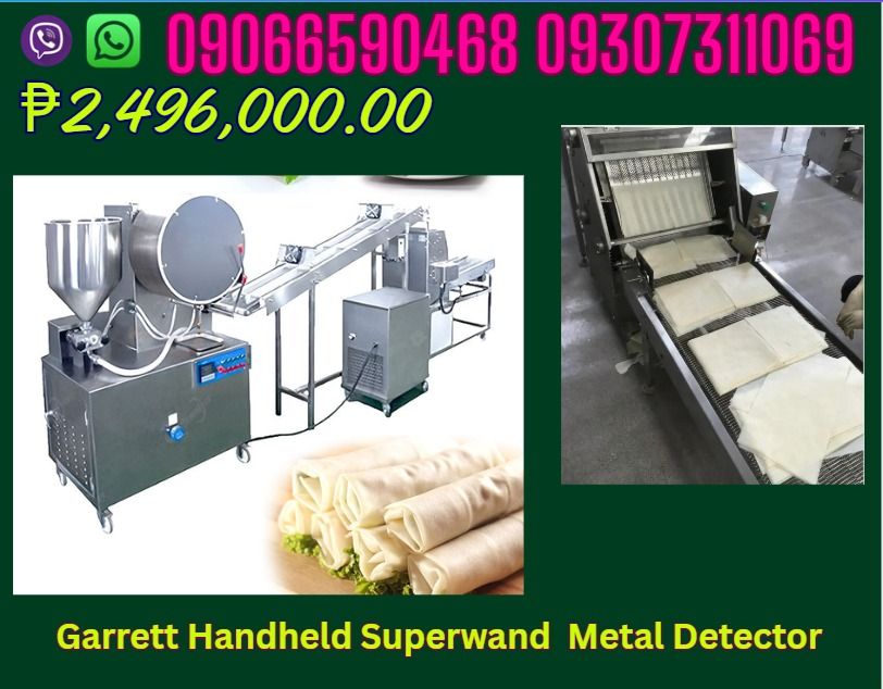 Spring rolls maker BK400-6 Spring rolls making machine (Category: Looking For) located in Caloocan City. Submitted by silentdog_f890b4 (Listing ID 1464190165, Image 1). Description: Spring rolls maker BK400-6 ₱2,496,000.00 "Max wrapper width:400 mm Host speed:2-3 r/min adjustable Baking diameter:600mm Production speed:5000-8000 pcs/h（130mm*130 mm） Voltage:380v 50HZ Power:24 KW Outside dimension:5000 mm ×1300 mm ×1500 mm Net weight:800 kg Sheet Th