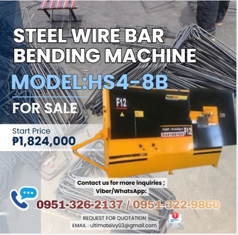 Steel Wire bar Bending Machine (Category: Home Improvement Tools & Accessories) located in Caloocan City. Submitted by clevertiger-b8cb (Listing ID 1464184526, Image 1). Description: Model:HS4-8B Single line capacity:4-10mm Double line capacity:4-8mm Bending angle:180° Center pin diameter:16, 18 ,20 Traction speed(Max):120m/min Bending speed(Max):1000°sec Length deviation:±2mm Angle deviation:±2° Average power consumption:5kw/h Production line:≤2
