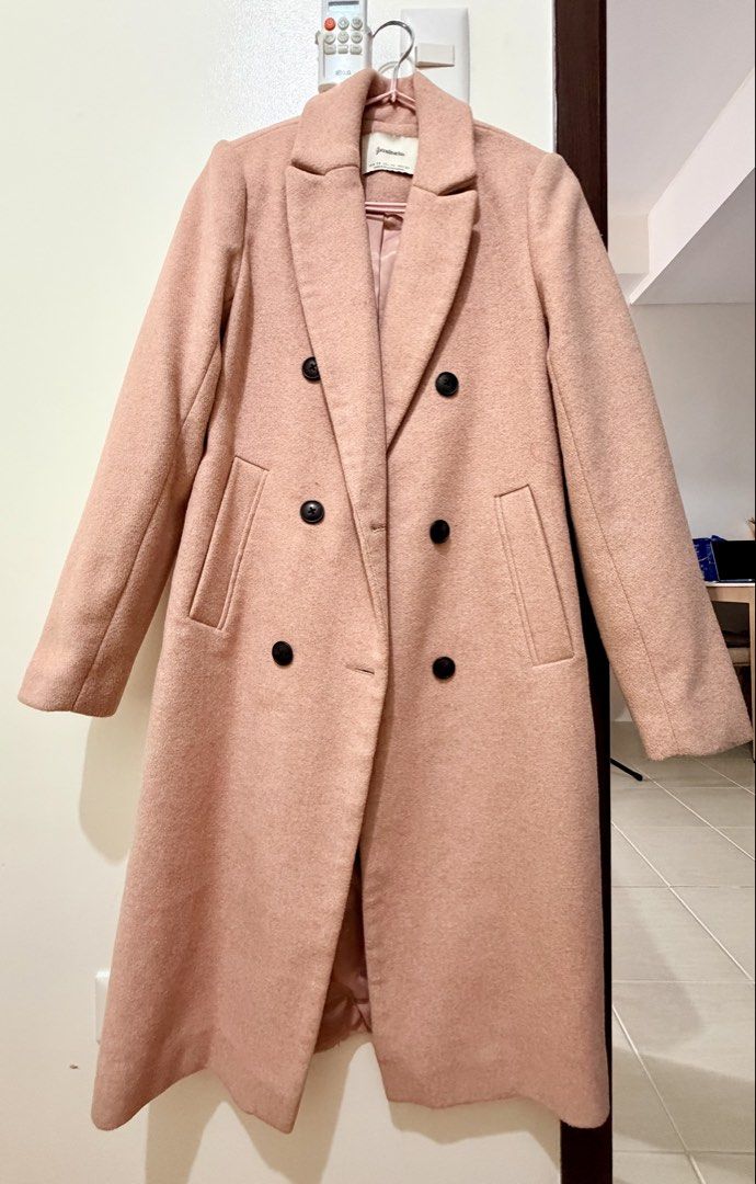 Stradivarius Pink Double-Breasted Long Coat XS (Category: Coats, Jackets and Outerwear) located in Mandaluyong City. Submitted by miss_a18 (Listing ID 1464160084, Image 2). Description: - Brand: Stradivarius - Color: Pink - Style: Double-breasted with black buttons - Length: Midi - Features: Super cozy and warm, great for cooler weather - Size: XS - Origin: Made in Myanmar.