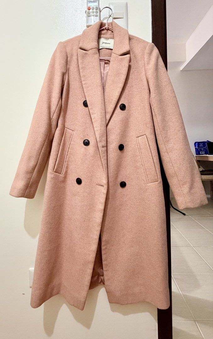 Stradivarius Pink Double-Breasted Long Coat XS (Category: Coats, Jackets and Outerwear) located in Mandaluyong City. Submitted by miss_a18 (Listing ID 1464160084, Image 3). Description: - Brand: Stradivarius - Color: Pink - Style: Double-breasted with black buttons - Length: Midi - Features: Super cozy and warm, great for cooler weather - Size: XS - Origin: Made in Myanmar.