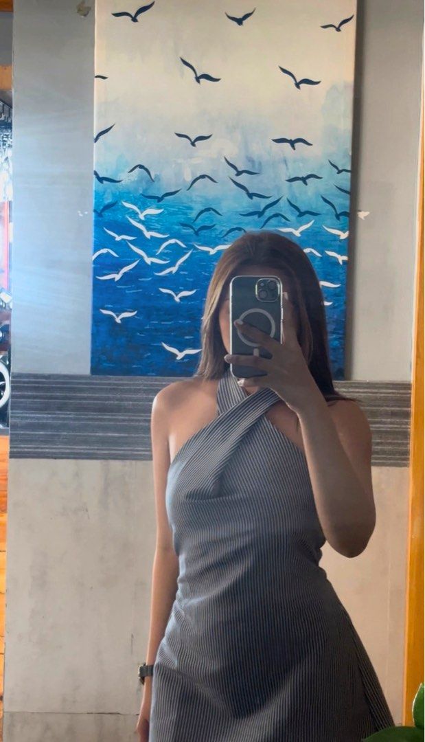 Striped Halter Dress (Category: Dresses) located in Valenzuela. Submitted by _ellexx (Listing ID 1464201225, Image 1). Description: Striped Halter Dress Description: Worn once Striped halter neck dress in seersucker fabric Above knee length Size S: Bust 32–34 inches Waist 24–26 inches Length 36 inches Color: Striped - navy blue / white.