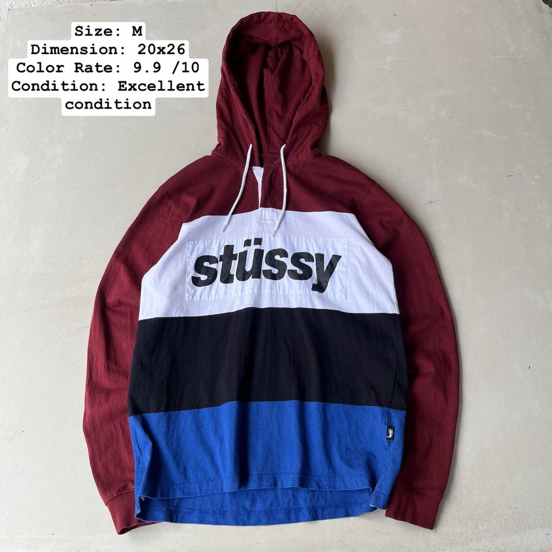 Stussy Colour Block Hoodie Size M (Category: Coats, Jackets and Outerwear) located in Mandaue City. Submitted by chinsyap_03 (Listing ID 1464190889, Image 1). Description: - Stussy Hoodie - Size: Medium (M) - Design: Color block with maroon sleeves and hood - Accents: White, black, and blue panels - Features: Stussy logo on the front, drawstring hood - Origin: Made in India - Condition: Great.