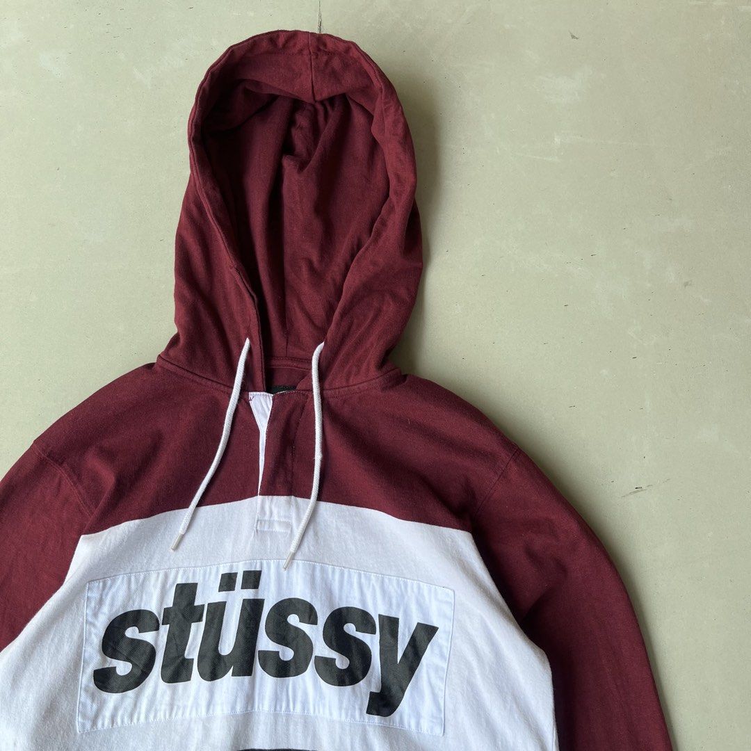 Stussy Colour Block Hoodie Size M (Category: Coats, Jackets and Outerwear) located in Mandaue City. Submitted by chinsyap_03 (Listing ID 1464190889, Image 3). Description: - Stussy Hoodie - Size: Medium (M) - Design: Color block with maroon sleeves and hood - Accents: White, black, and blue panels - Features: Stussy logo on the front, drawstring hood - Origin: Made in India - Condition: Great.