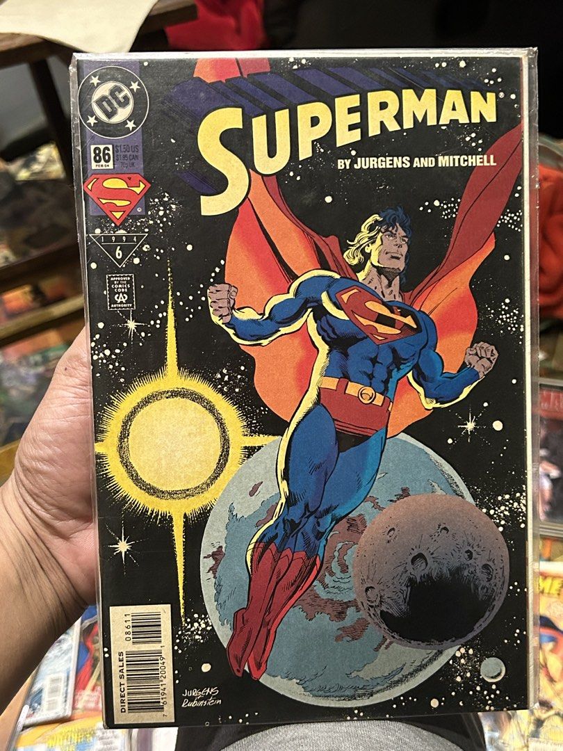 Superman Comic Book #86 by Jurgens and Mitchell (Category: Comics & Manga) located in Iloilo. Submitted by jackpot.treasures (Listing ID 1464230908, Image 1). Description: - Superman Comic Book Issue #86 - Published in 1994 - Direct Sales Edition - Features Superman in space - Written by Jurgens and Mitchell.