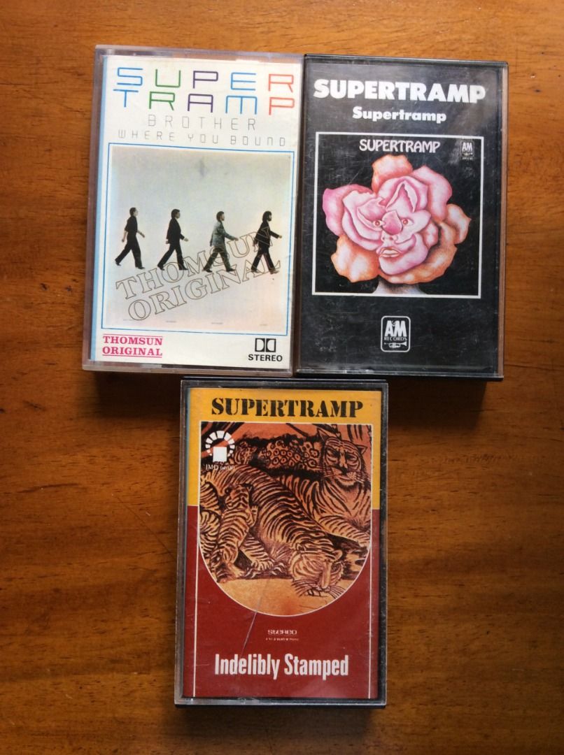 Supertramp Cassette Tapes - 3 Albums (Category: CDs & DVDs) located in Silang. Submitted by lawrencenorthey (Listing ID 1464200820, Image 1). Description: - Set of 3 Supertramp cassette tapes - Includes: Brother Where You Bound, Supertramp, Indelibly Stamped - All tapes are from the 1980s - Perfect for collectors and classic rock enthusiasts - Cases show some wear, but tapes are confirmed to play fine - Own these vintage music treasures!.