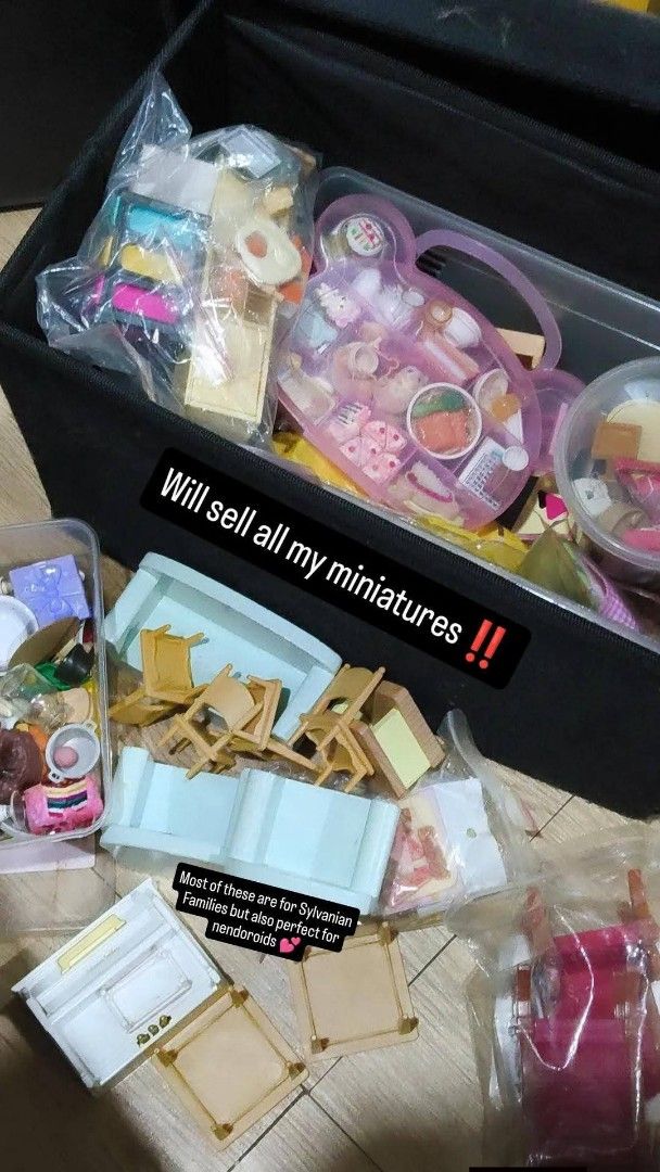 Sylvanian Families & Nendoroid Miniatures Bundle (Category: Designer & Blind Box Toys) located in Manila. Submitted by fyreborn (Listing ID 1464336394, Image 1). Description: OPEN FOR TAKE ALL MINIATURES Php3,000 FOR TAKE ALL. (Lahat ng nasa box!) Incomplete individual pics are posted. *All items cost around Php5,200 *What you see is what you get *Manage your expectations .