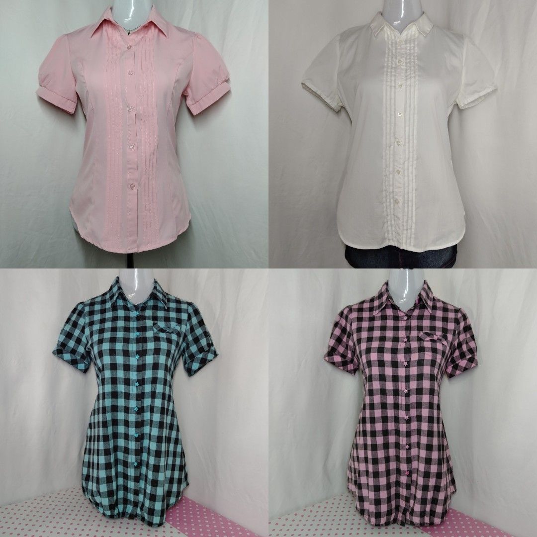 Take all 4 Button down - Pink, White, Blue Gingham, Pink Gingham (Category: Shirts) located in Kidapawan. Submitted by sparklefinds37 (Listing ID 1464331956, Image 1). Description: - All Set of 4 Button downs - Two plain tops with elegant pintuck details (1 pink, 1 white) - Two gingham patterned tops (1 blue & black, 1 pink & black) - All tops have classic button-up fronts and collared necks.