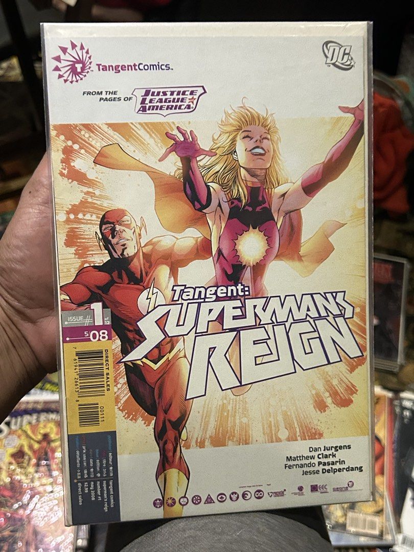 Tangent Comics Superman's Reign #1 (May 2008) (Category: Comics & Manga) located in Iloilo. Submitted by jackpot.treasures (Listing ID 1464231199, Image 1). Description: - Superman's Reign #1 Comic - Published: May 2008 - Featuring artwork by Dan Jurgens, Matthew Clark, Fernando Pasarin, and Jesse Delperdang - From the pages of Justice League America - Direct Sales Edition.